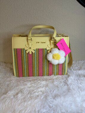 Betsey Johnson Woven Stripe Daisy Tote Crossbody Bag w/ Flower Charm NWT